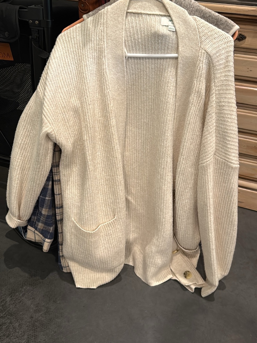 aerie Cream Ribbed Open-Front Cardigan with Pockets